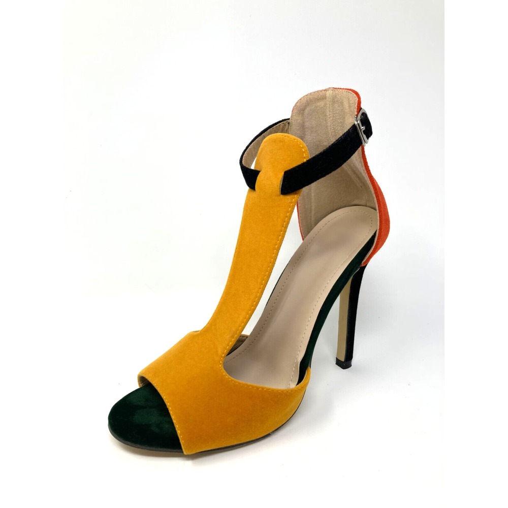 Women's Colorblock Suede Heels Open Toe T-Strap with Ankle Strap Buckle Size 37